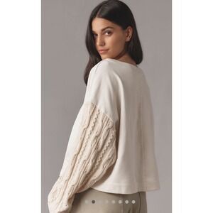 Anthropologie x Pilcro Ivory Sweater-Sleeve Blouse Mixed Media Cable Knit Top M
